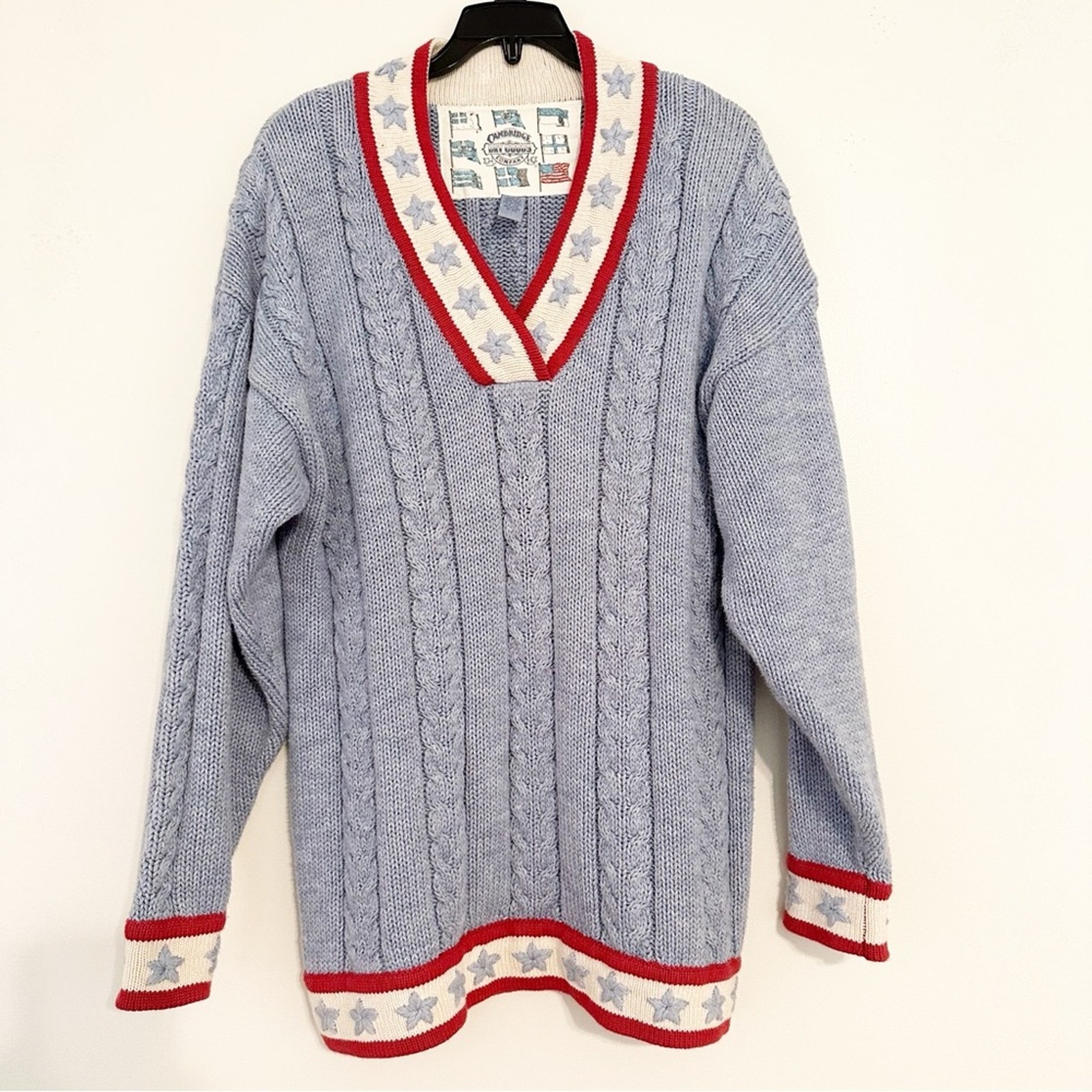 Vintage Cambridge Dry Goods Nautical Cable Knit Oversize Cotton V-Neck Sweater