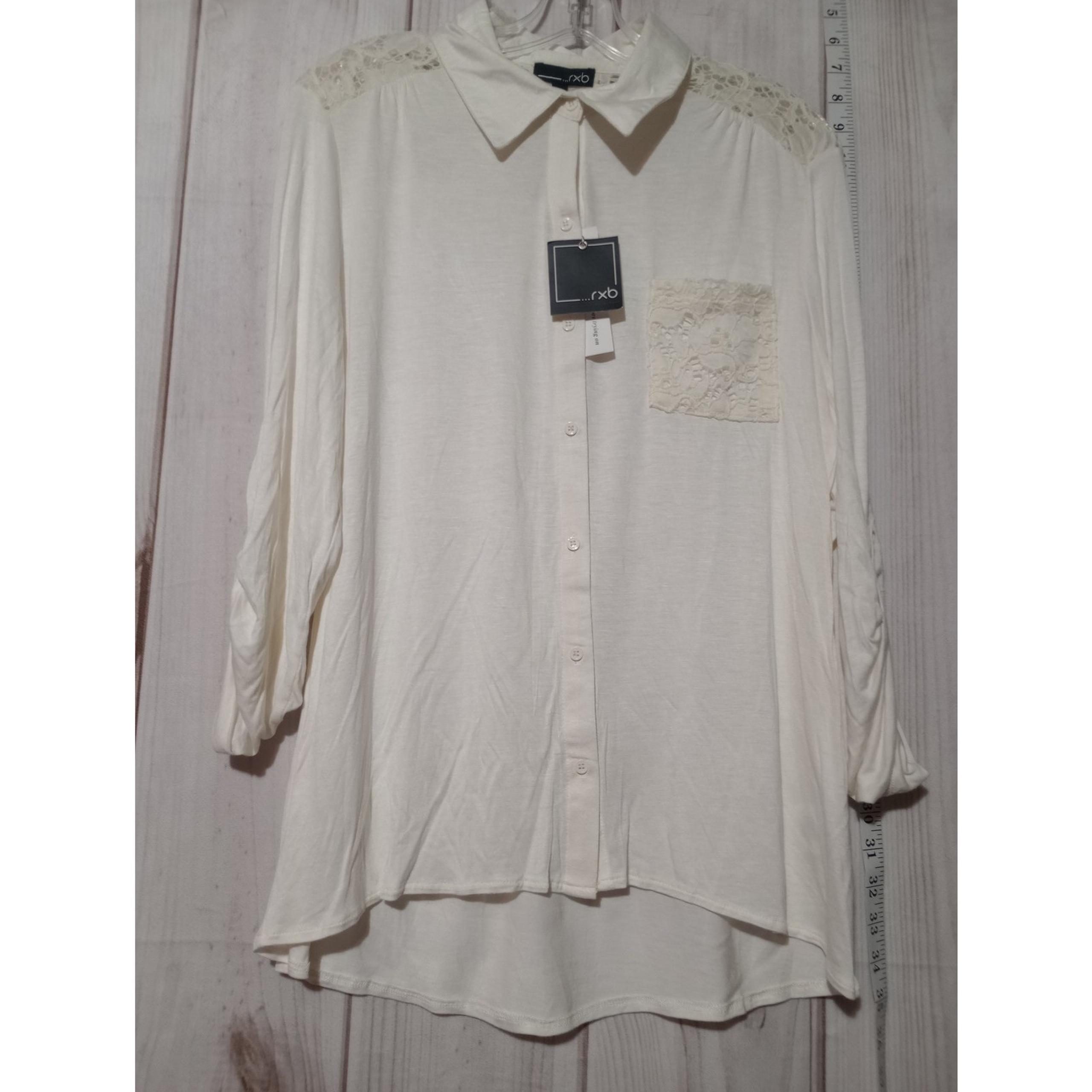 RXB Blouse Womens Large Cream Lace Shoulder High Low Button Front Top NWT