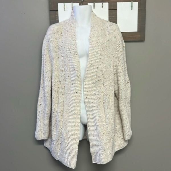 Talbots Cream Multi Speckled Raised Dots Oversized Open Front Cozy Knit Cardigan