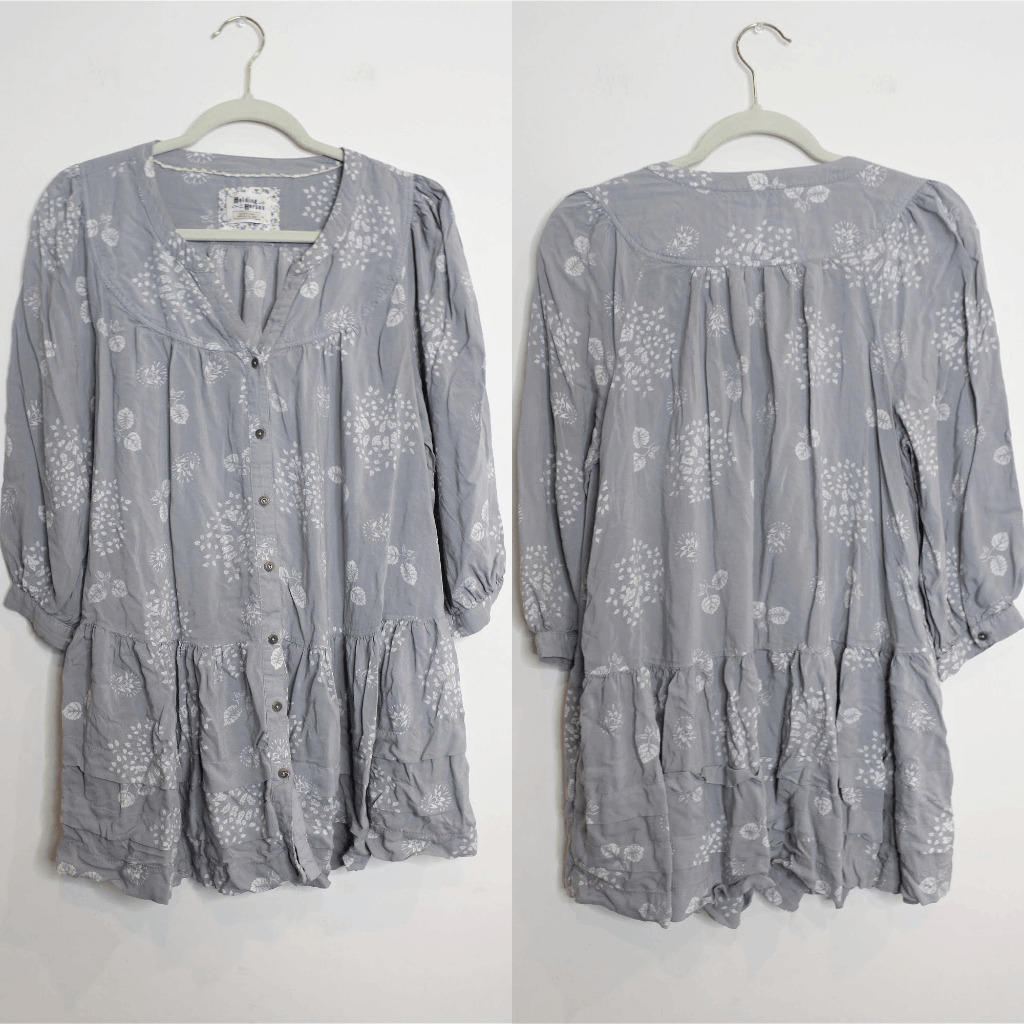 Anthro Holding Horses Gray and Cream Peasant Button Down Mini Dress - Medium