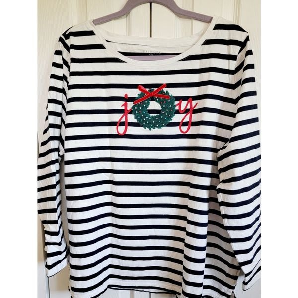 Talbots 2X Joy Shirt Womens B/W Striped Knit Long Sleeve Top Wreath Joy Cotton