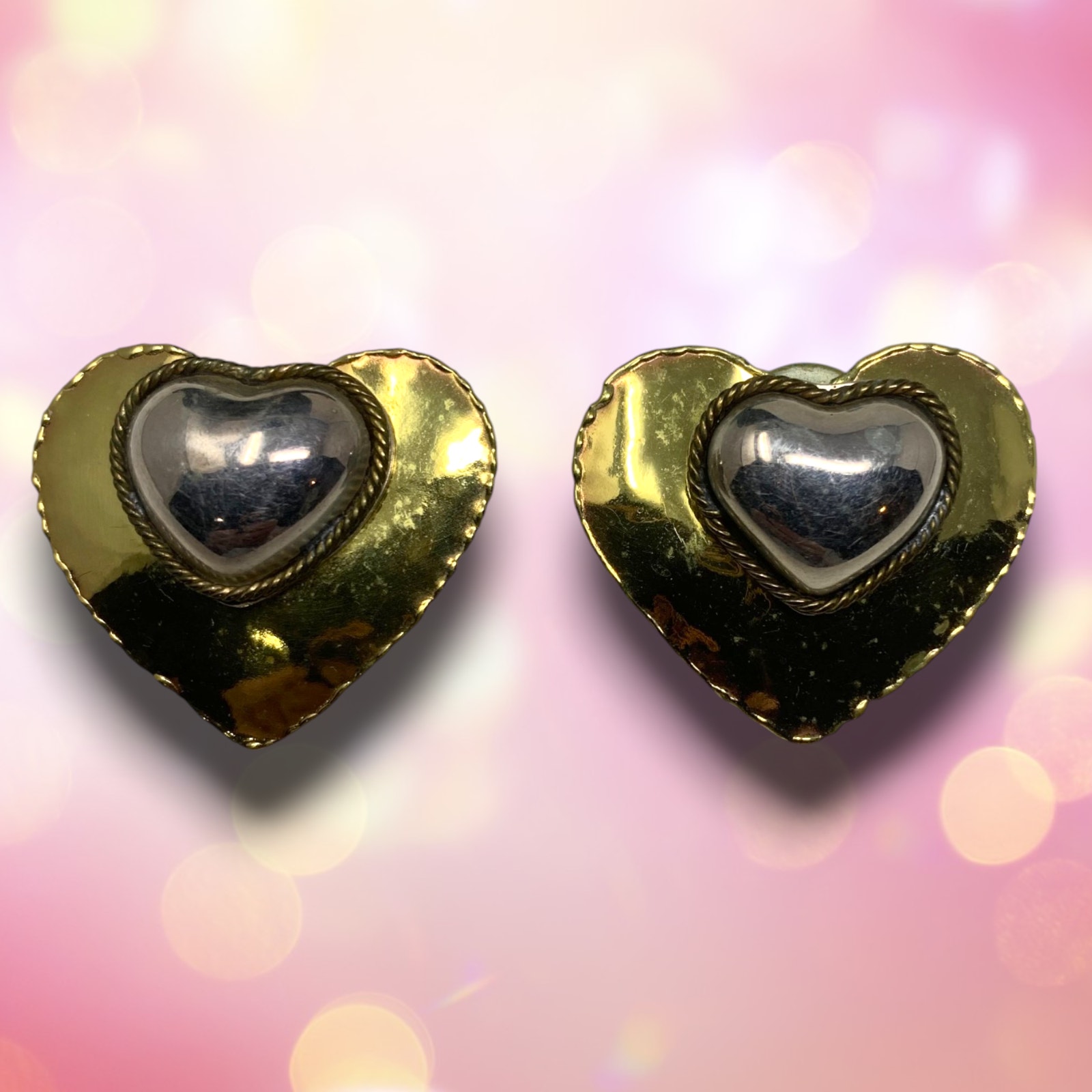 Vintage 1980's Heart Shaped Sterling Silver & Brass Jacket Earrings Pierced