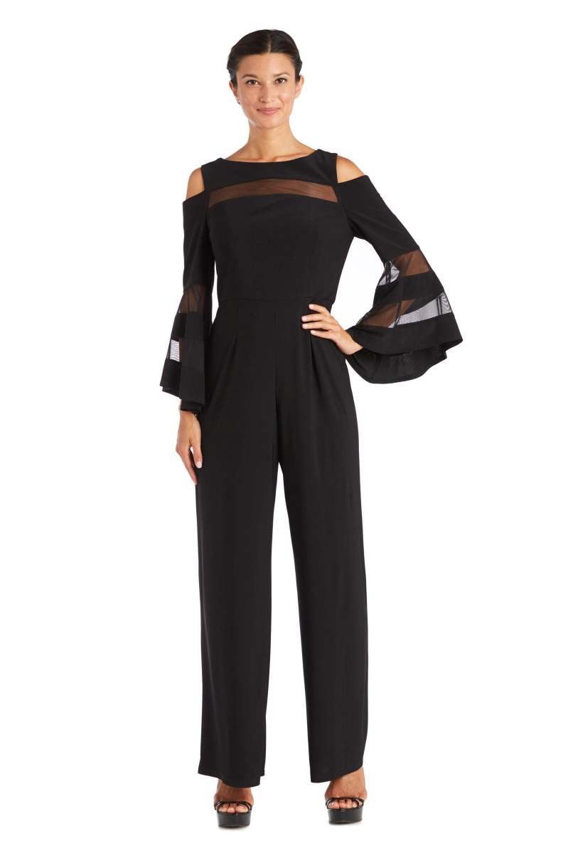 R&M Richards Black Cold Shoulder Illusion Bell Sleeve Jumpsuit– Size 6