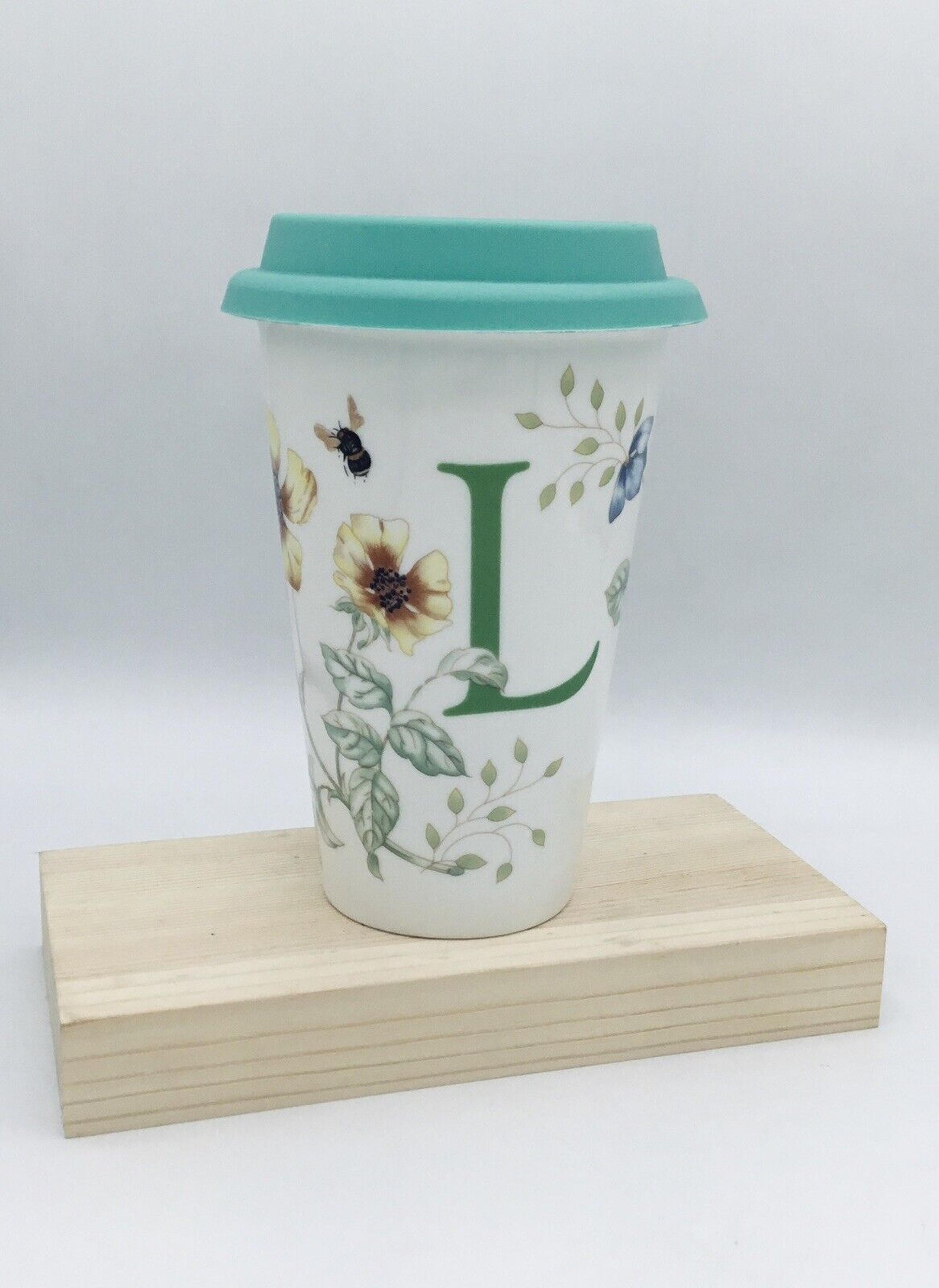 NEW Butterfly Meadow By LENOX w/ initial "L" ceramic tumbler, Silicone Lid 12oz