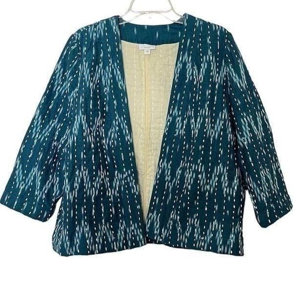 J. Jill Pure Kantha Stitched Ikat Jacket Kimono Sari Open Front Teal Blue Small