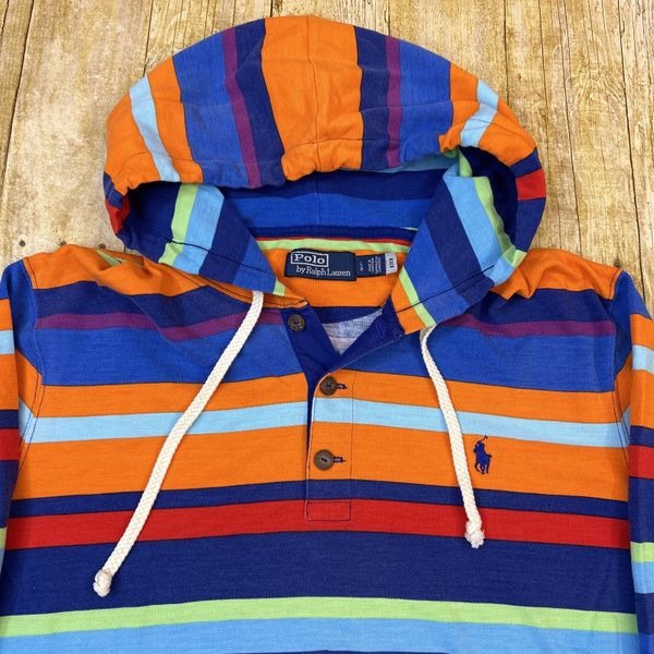 Polo Ralph Lauren Hooded T Shirt Hoodie Henley Striped Cotton Mesh Large