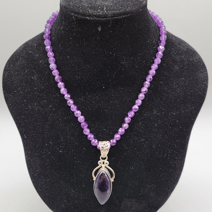 Amethyst Faceted Bead Necklace Sterling Silver Amethyst Pendant