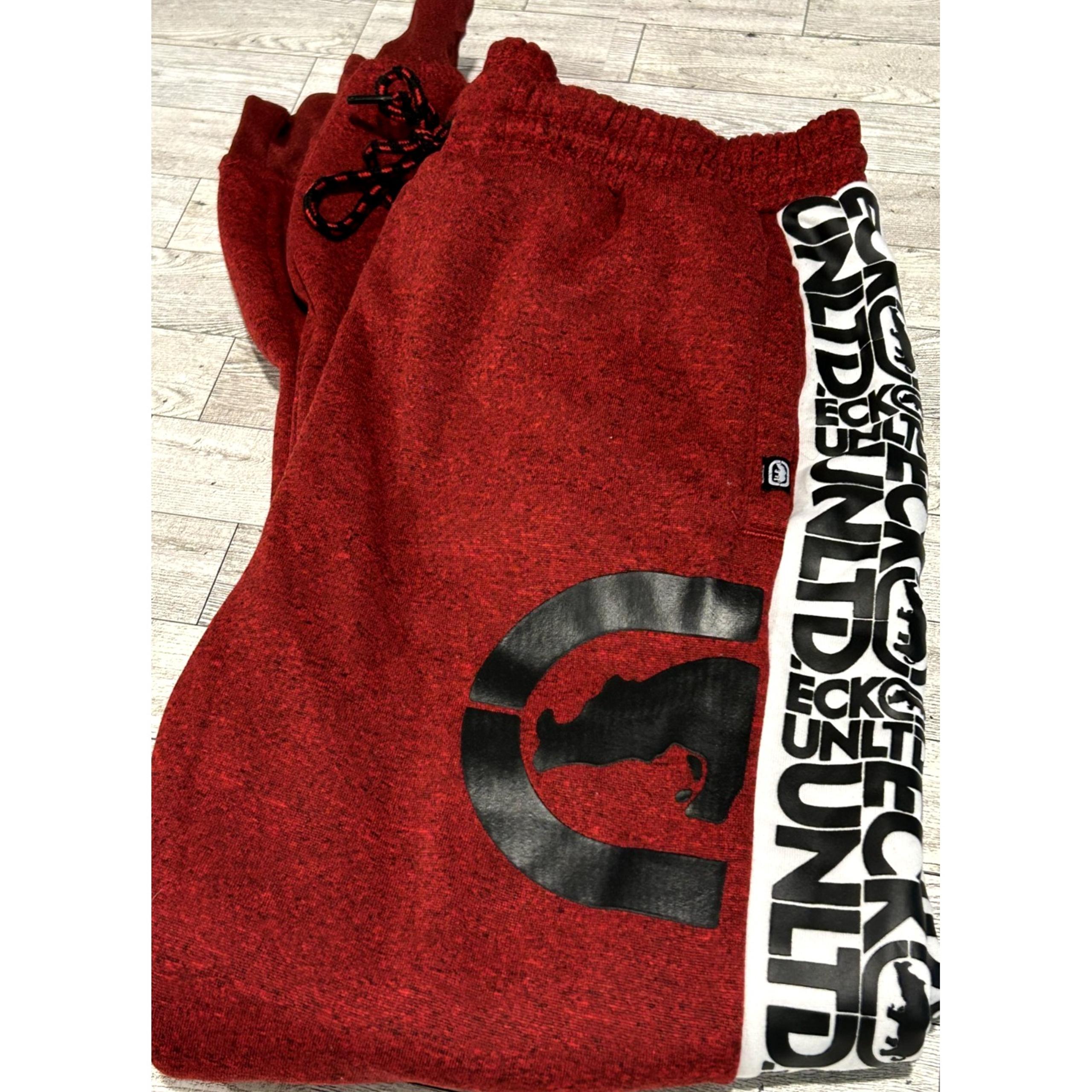 Ecko Unltd Men's Sweatpants Colorblock Puff Print Red Marled Fleece Jogger LARGE