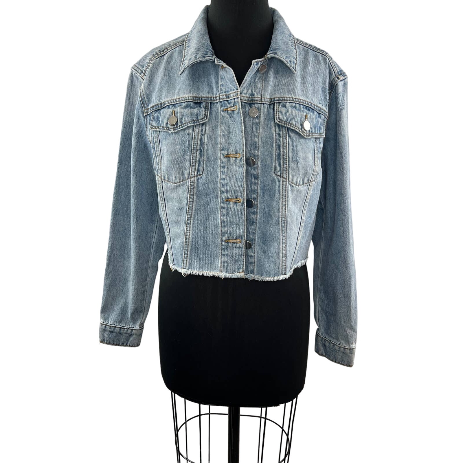 BP CLAUDIA SULEWSKI Blue Long Sleeve Button Cropped Raw Hem Denim Jean Jacket M