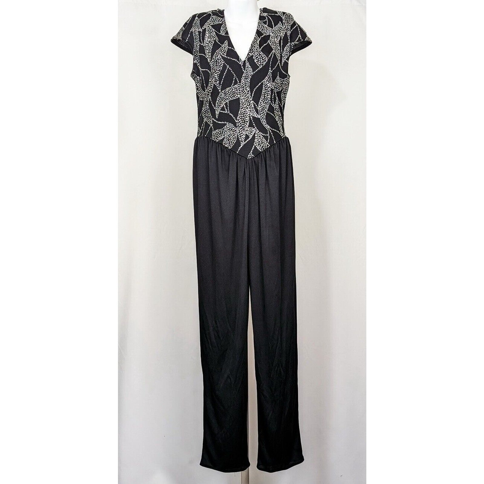 Vintage 70s 80s Jumpsuit Black Silver Embellished Disco Misses Size 11/12