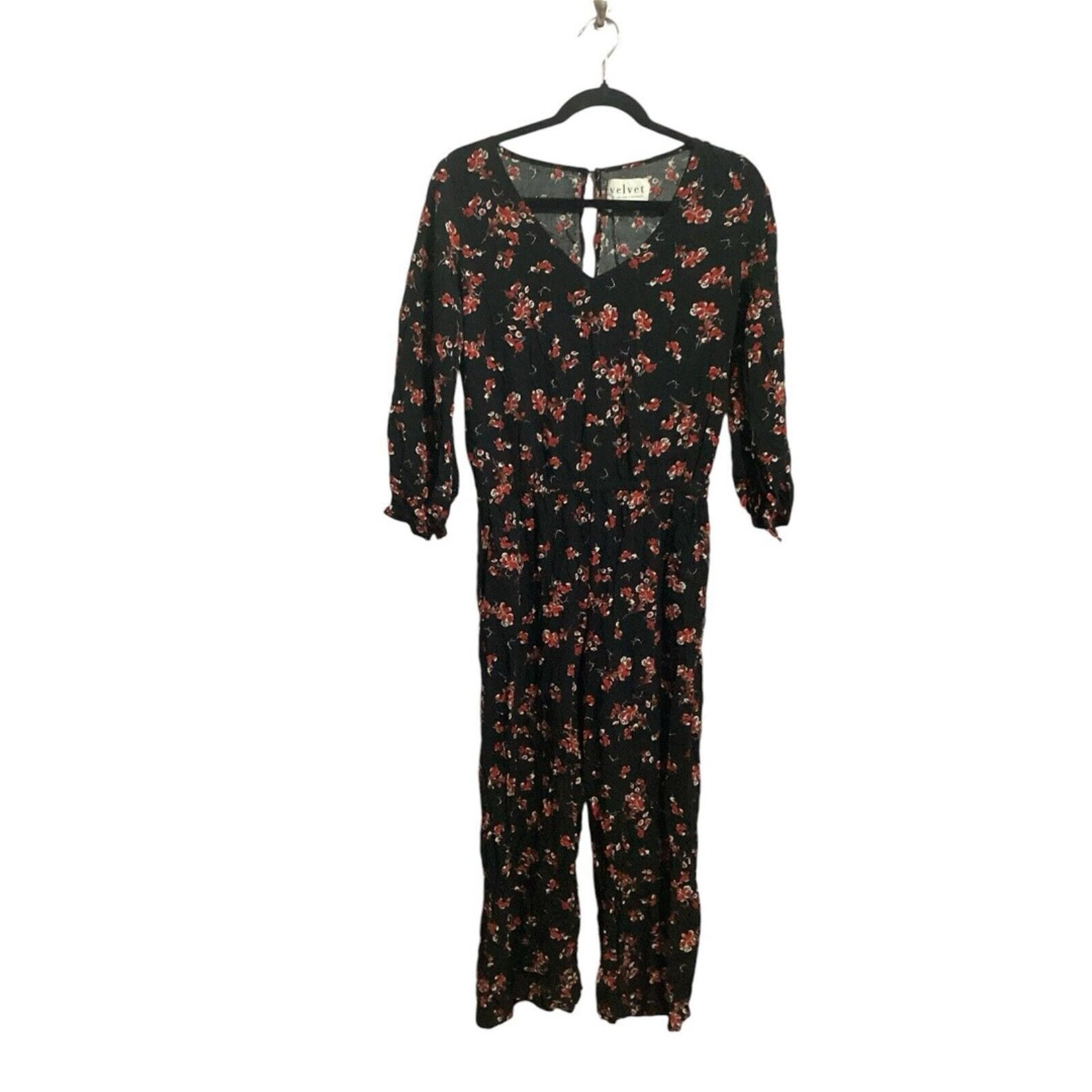 Velvet By Graham & Spencer Freddy Black Red Floral Long Sleeve Cropped Jumpsuit