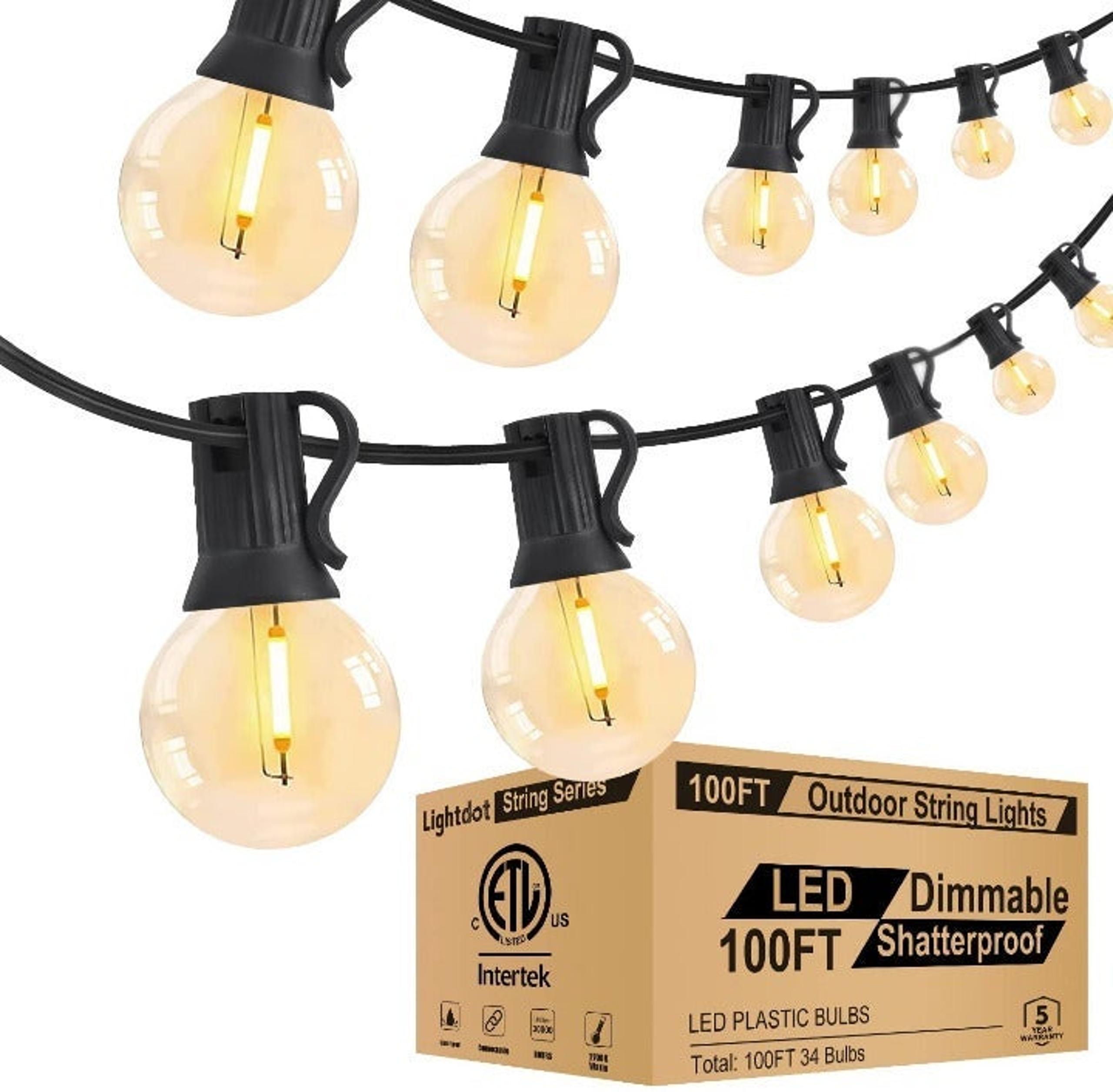 Lightdot 100Feet Outdoor Patio String Lights, LED G40 Globe Bistro Light 2700K