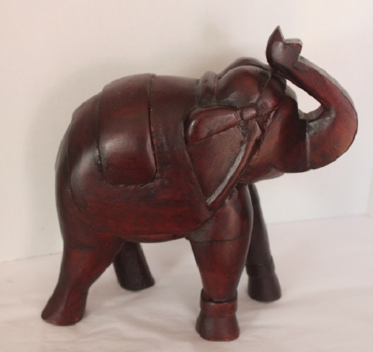 Large Rustic Carved Dark Brown Wooden Elephant