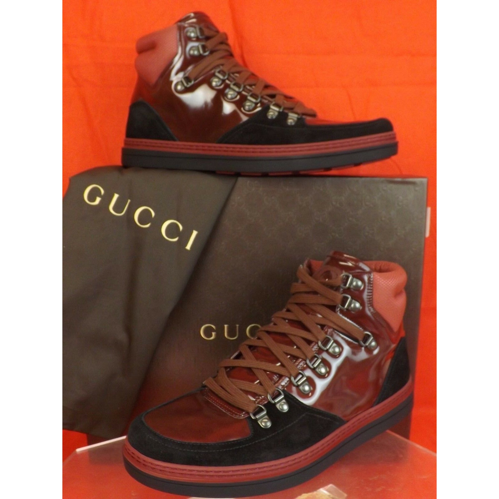 GUCCI SOFTY TEK INTERLOCKING BURGUNDY BLACK LOGO HI SNEAKERS 8 US 9