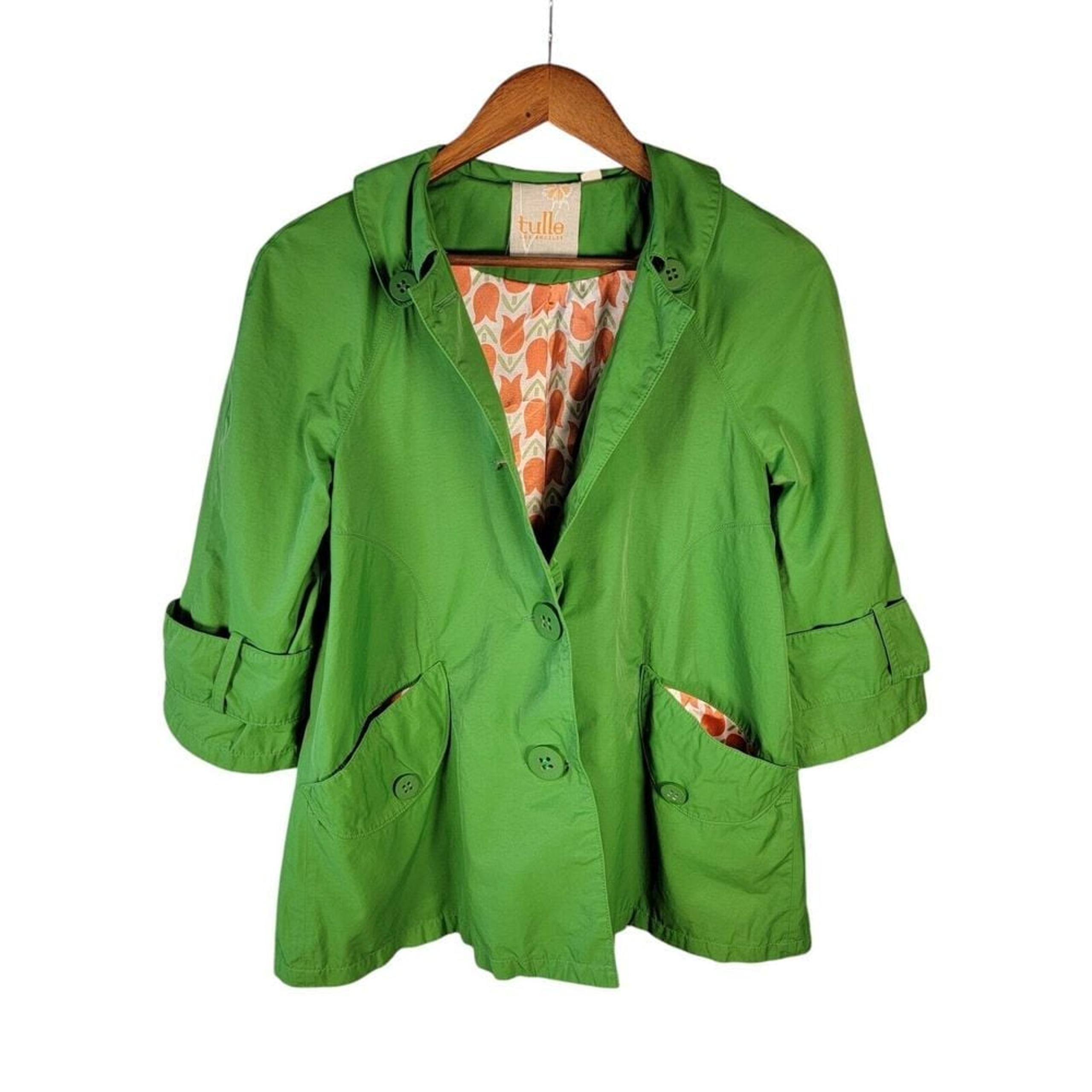 Anthropologie Tulle Lined Rain Jacket Size Small Green Tulip Lining Spring Coat