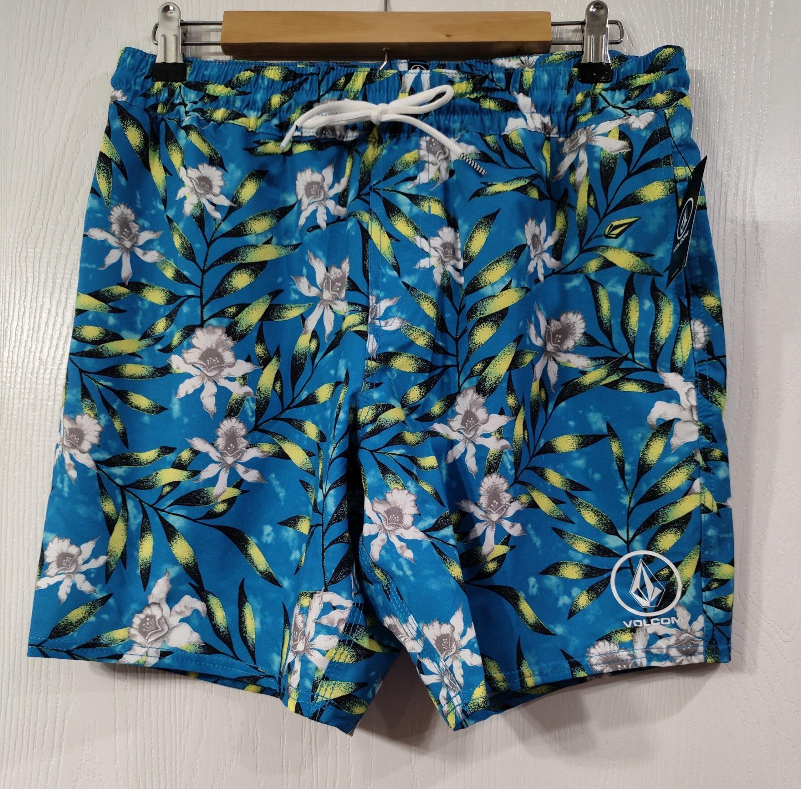 Volcom Manic 17 Trunk Boardshorts Swim Shorts Blue Yellow Mens 32 Inseam 7" NEW