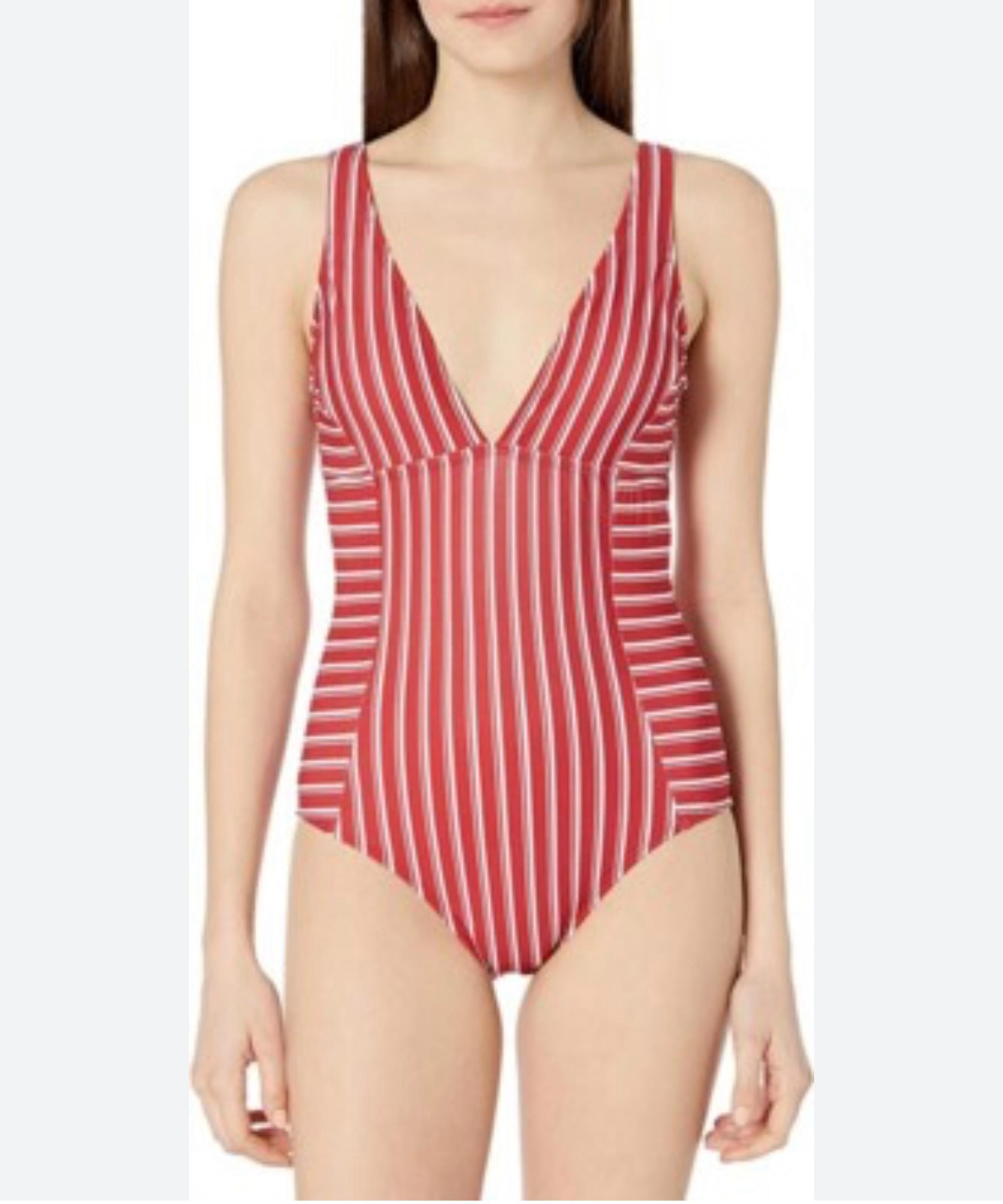 NWT Ella Moss Straight & Narrow Sz M Red Striped Plunge One-Piece Swimsuit