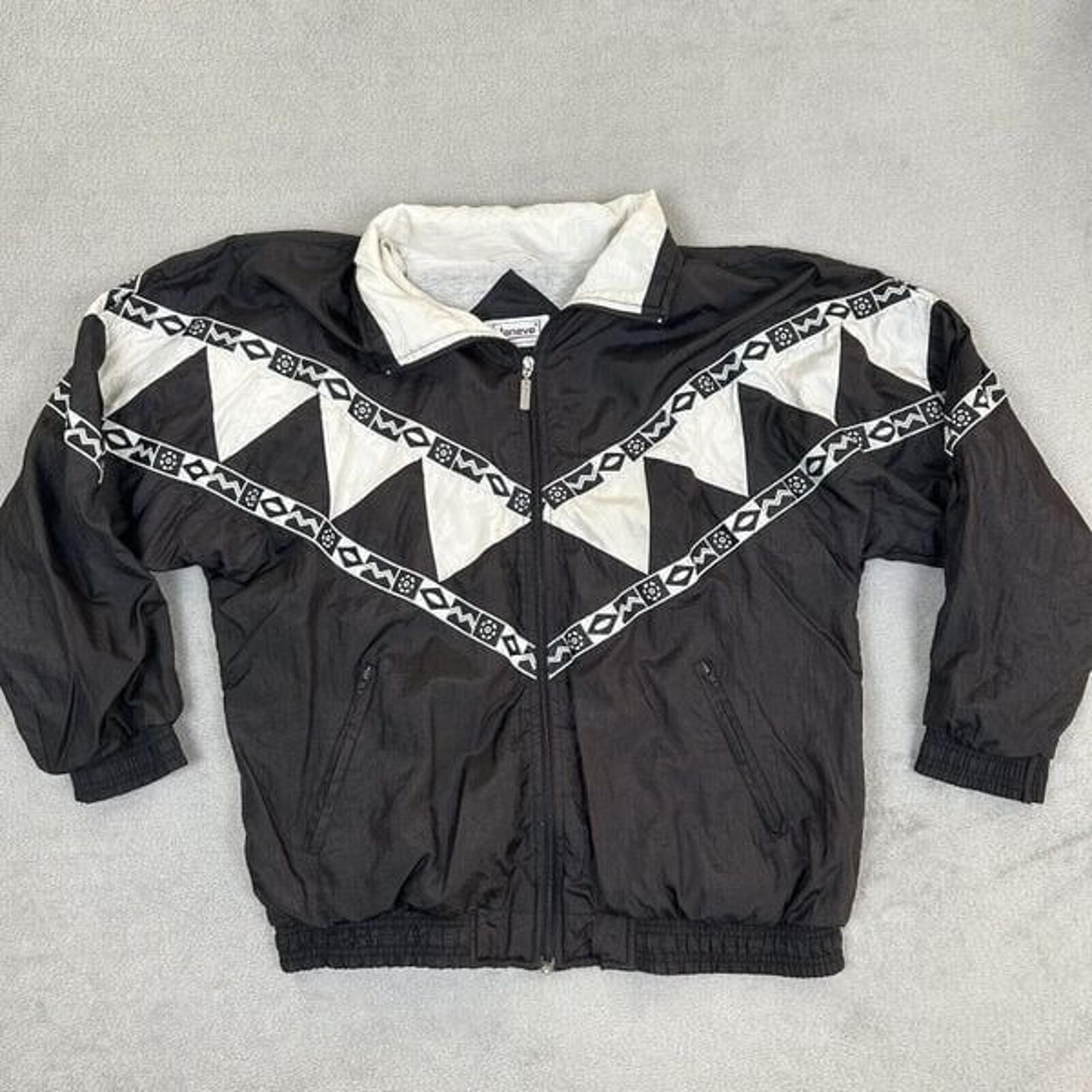Vintage 80’s Janeve Aztec Lined Retro Jacket Women’s Large L Black Windbreaker