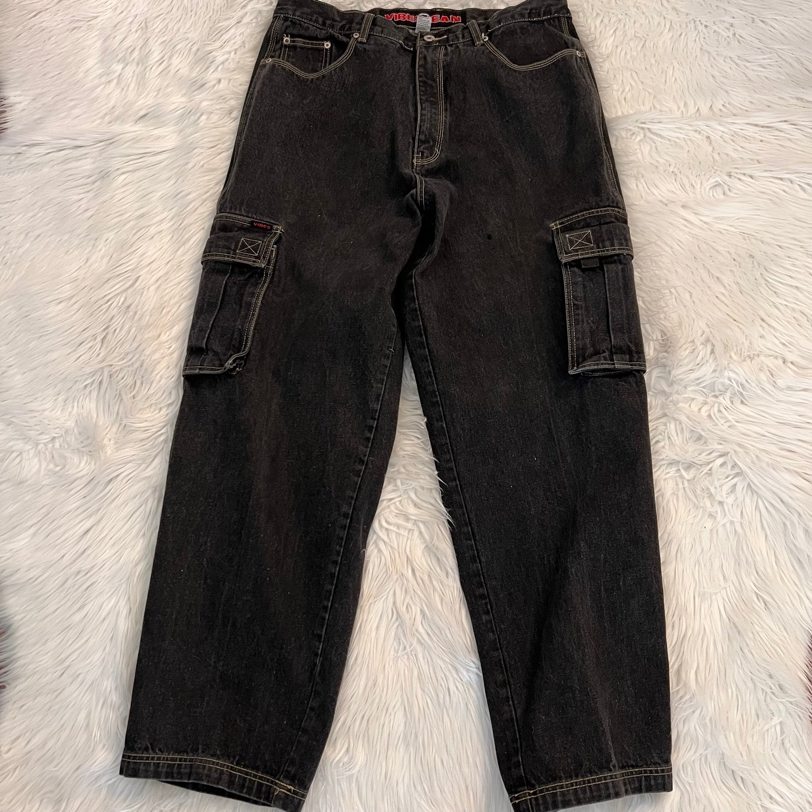 Vibes Jean Black Denim Size 38x34 Cargo Pockets Skater Hip Hop Y2K