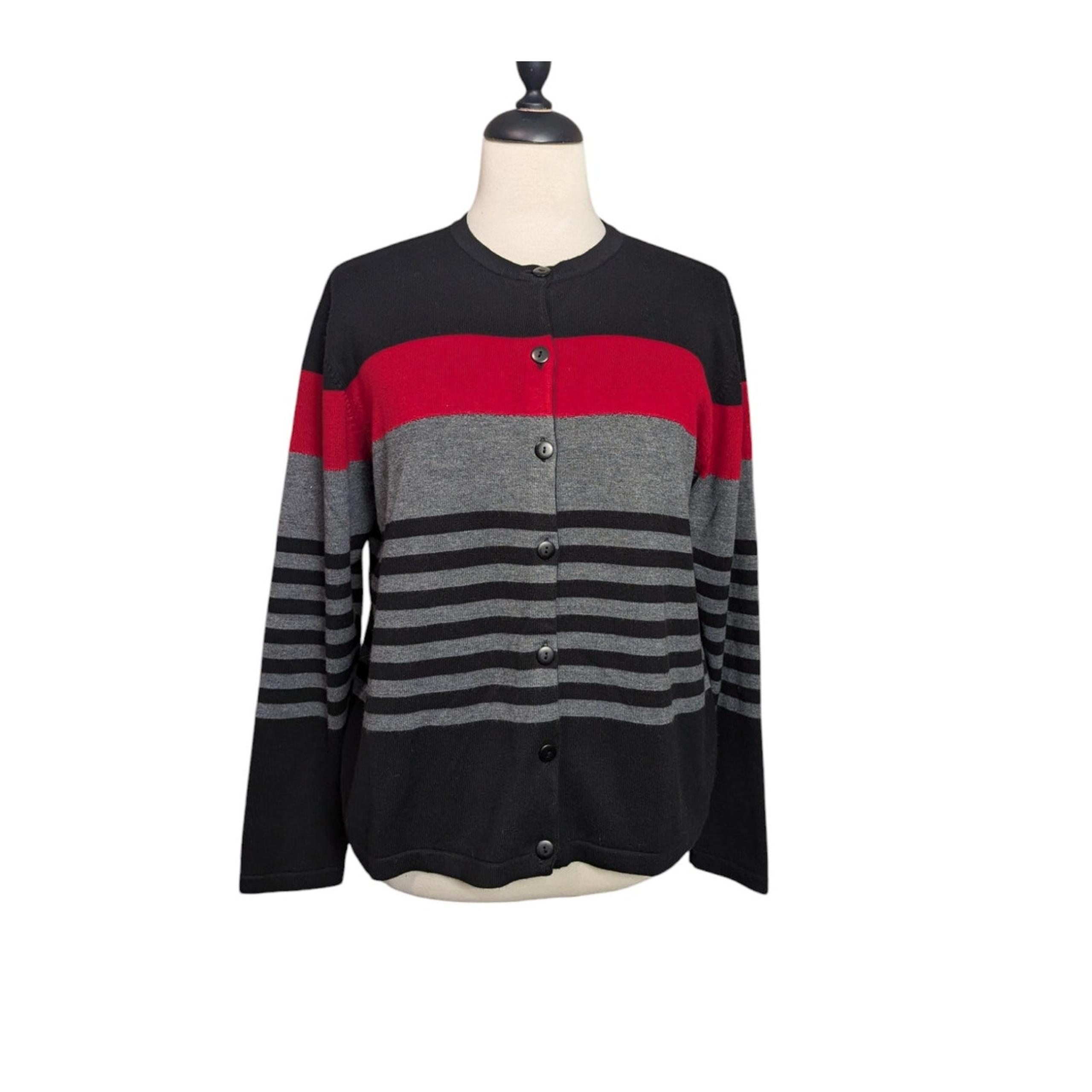 DressBarn Small Red Black Gray Striped Button Front Cardigan Knit Sweater