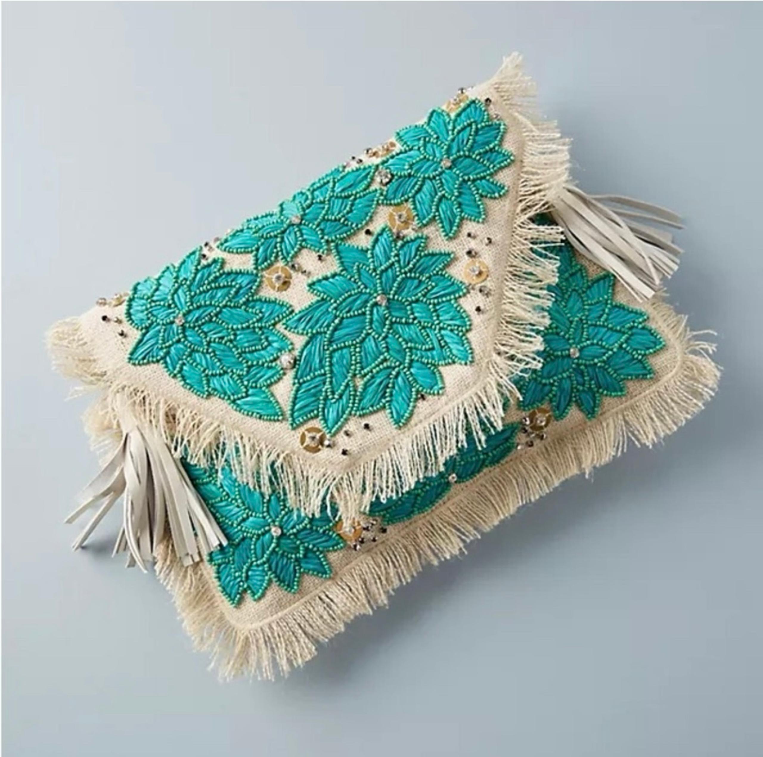 Anthropologie Ibban Mansi Embellish Embroidery Raffia Shoulder Envelope Bag NWT
