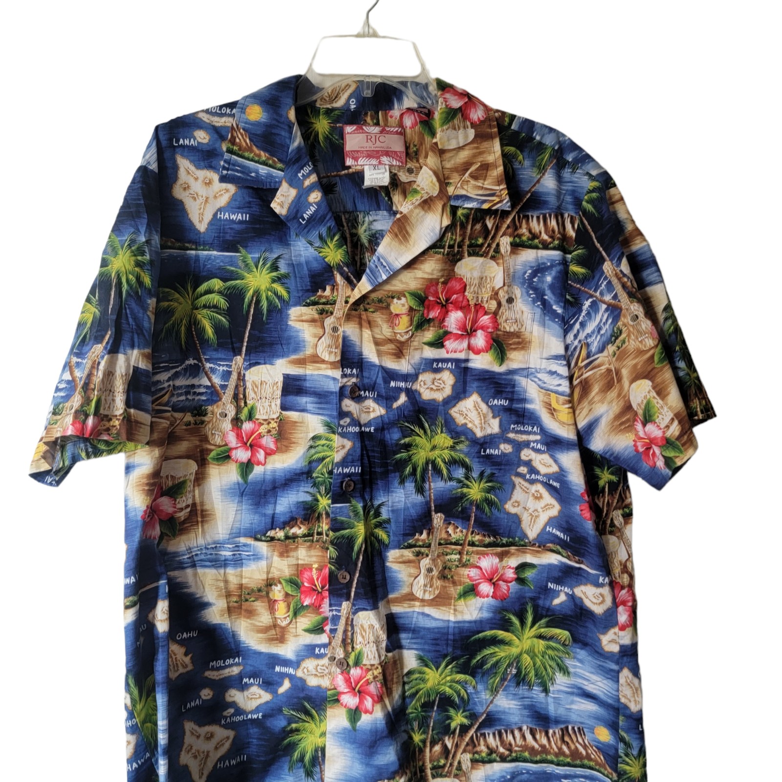 RJC Mens Short Sleeve Button Down Hibiscus Hawaiian Islands Shirt Blue Size xl