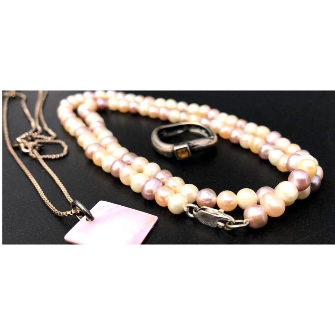 Sterling Silver and Gemstone, Shell, Pearl Jewelry Items (2 Necklaces, 1 Ring)