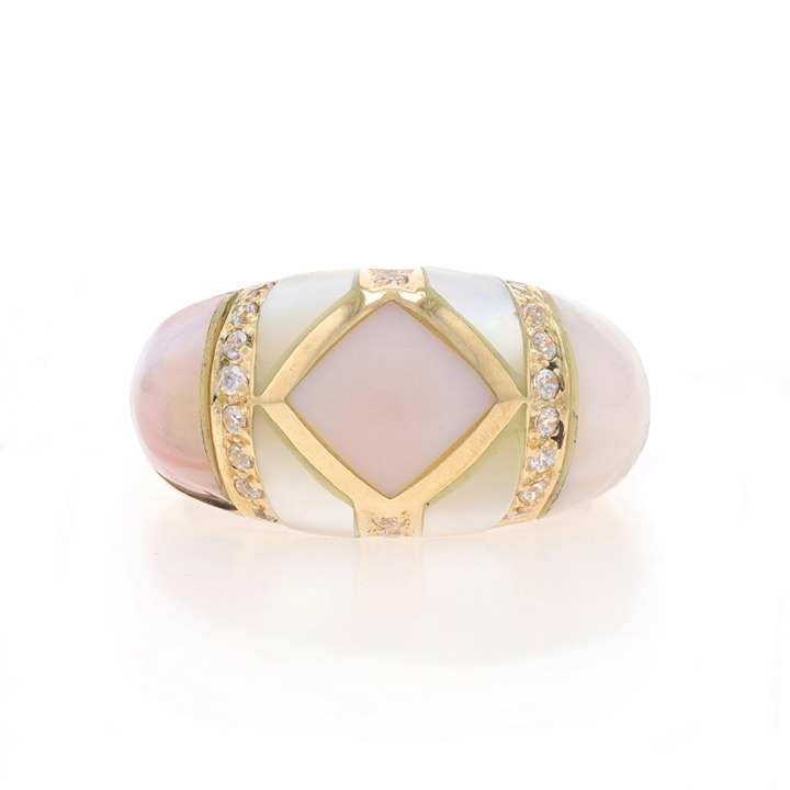 Yellow Gold Mother of Pearl Cubic Zirconia Dome Cocktail Band 14k Inlay LX0375