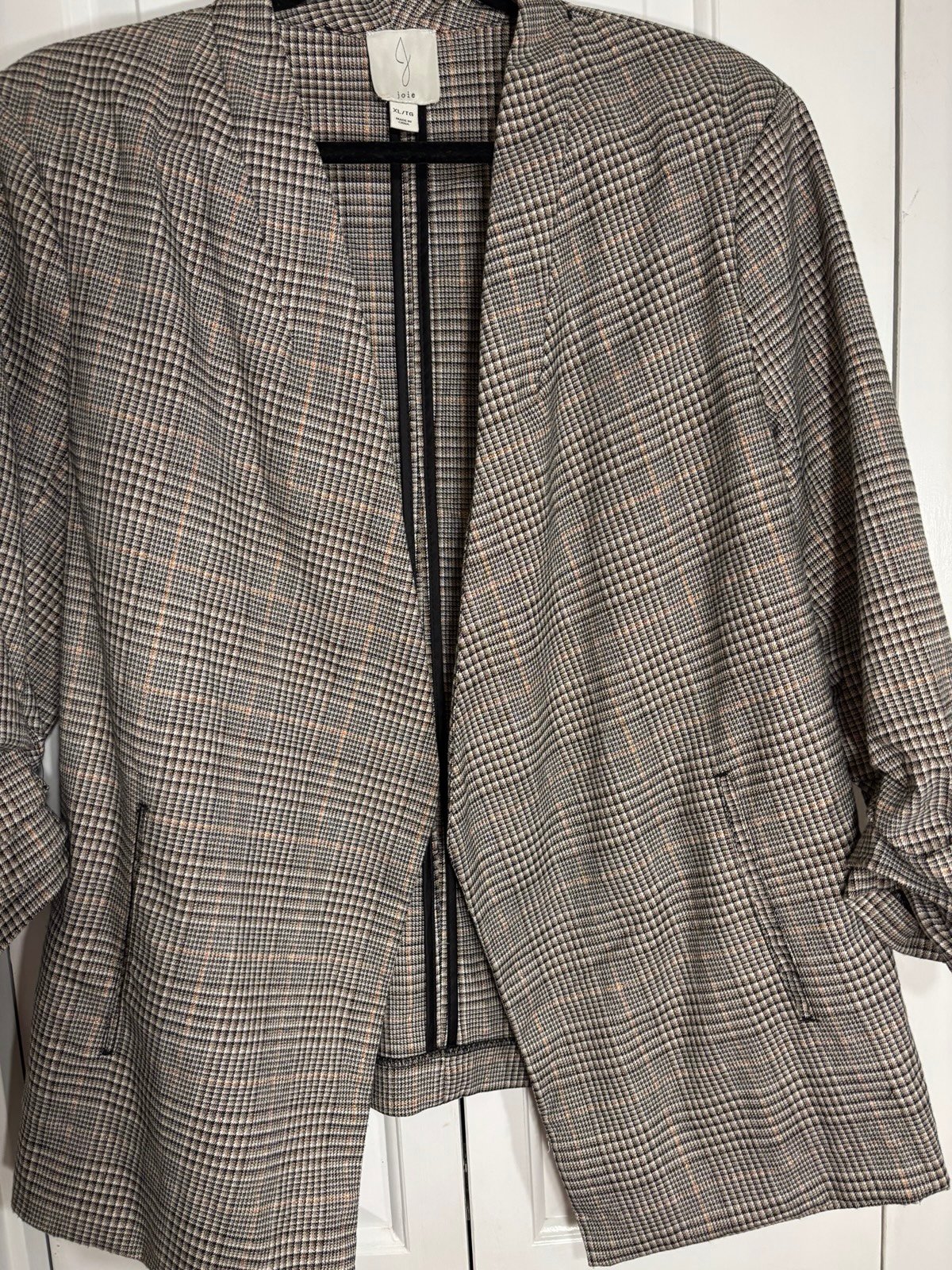 JOIE Plaid Scrunch Sleeve Asymmetrical Blazer with Copper Metallic Thread. XL