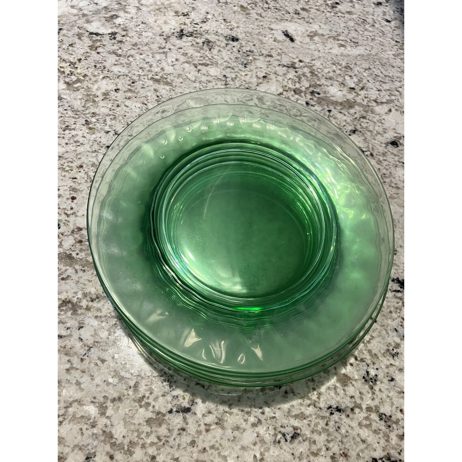 Vintage Set of 7 Green Depression Glass Thumb Print Salad Size Plates