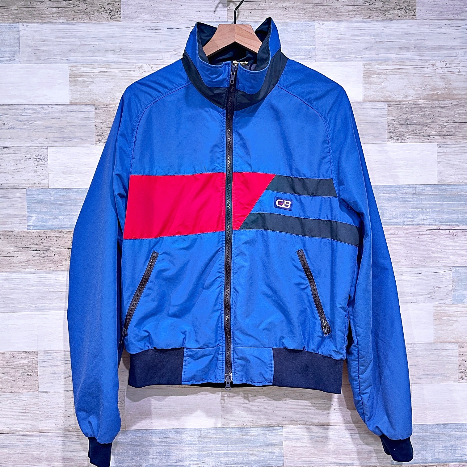 CB Sports Vintage Double Stripe Bomber Jacket Blue Red Nylon USA Mens Large