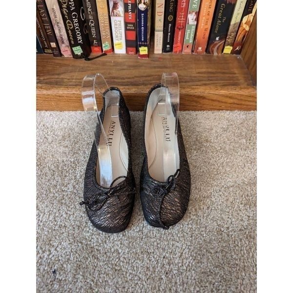 anyi lu wedge ballet flats sz 38.5 black lace over bronze leather