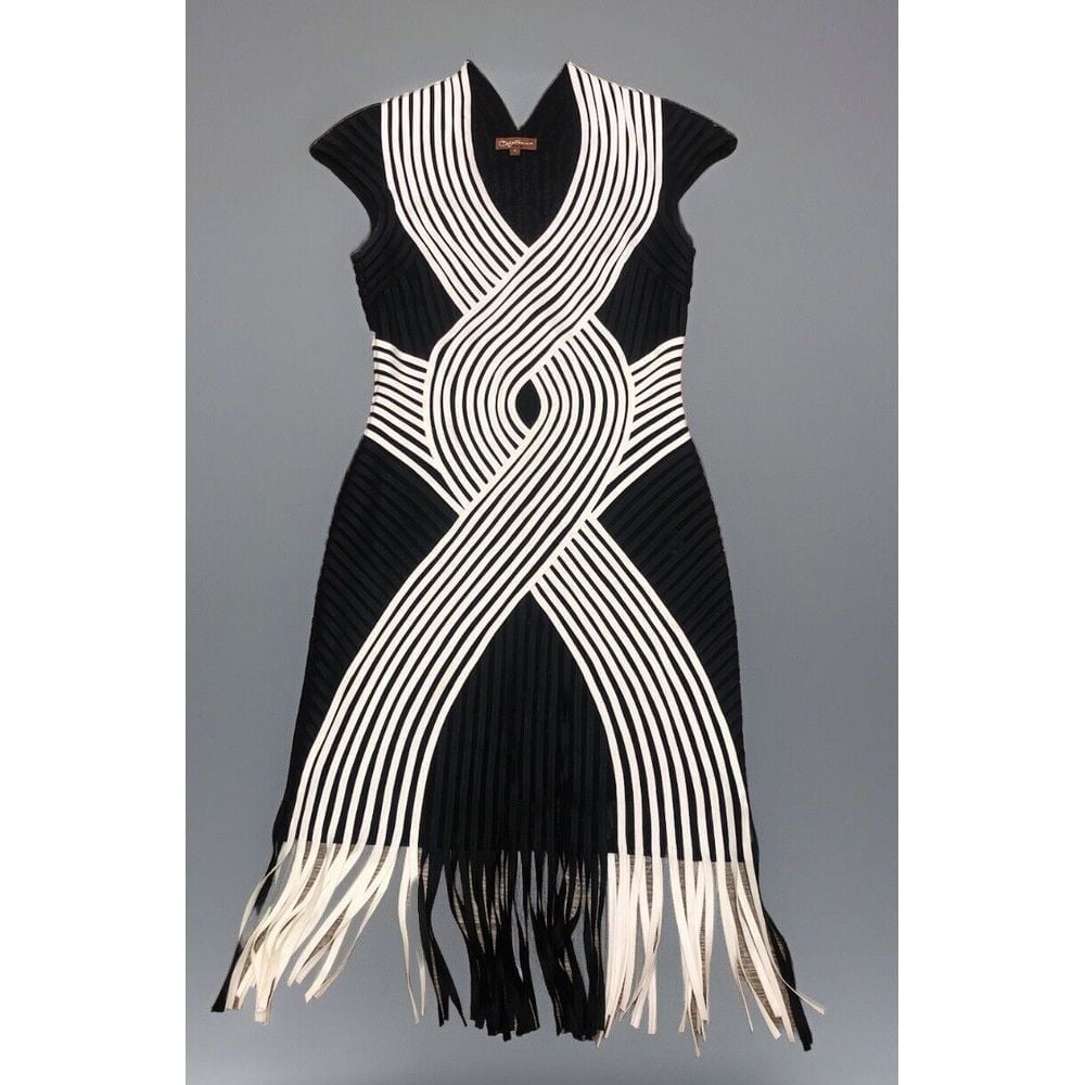 Vintage 90s OBSTINEE BY IKA Wearable Art Bodycon Dress 4 Stretch Sheer Fringed