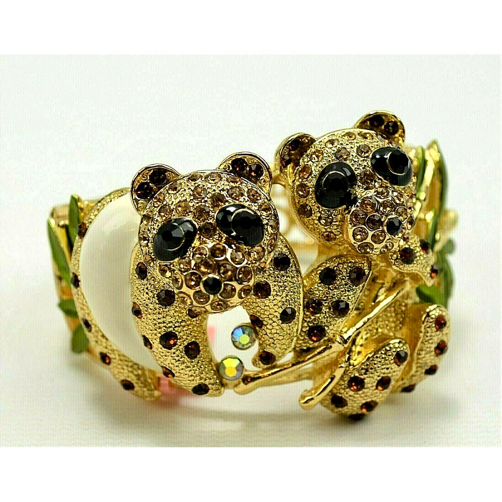 Vintage Gold Toned Hinged Bracelet w/ 2 Bears and Different Colored Rhinestones