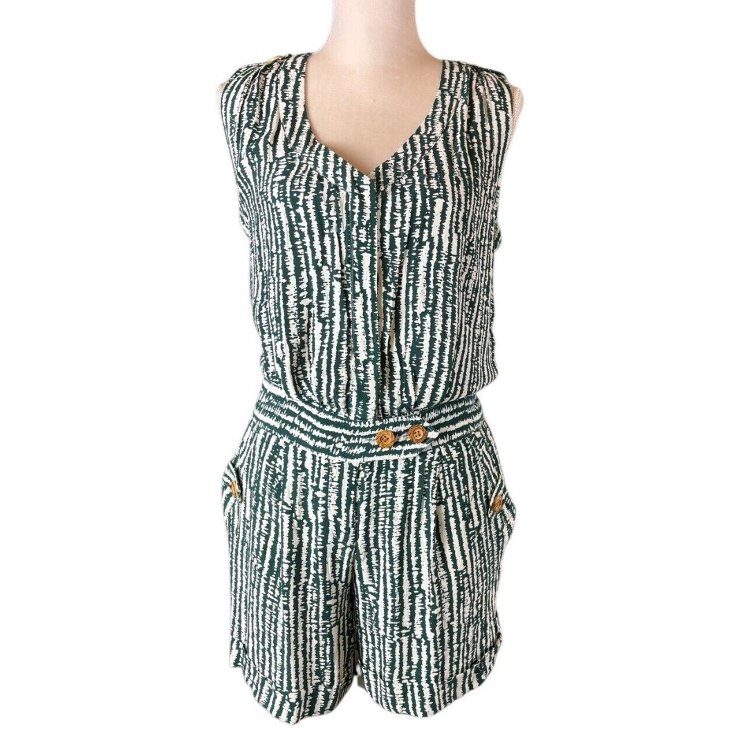 Anthropologie ETT TWA Sleeveless Romper Women's Size 0 Green & White Pockets