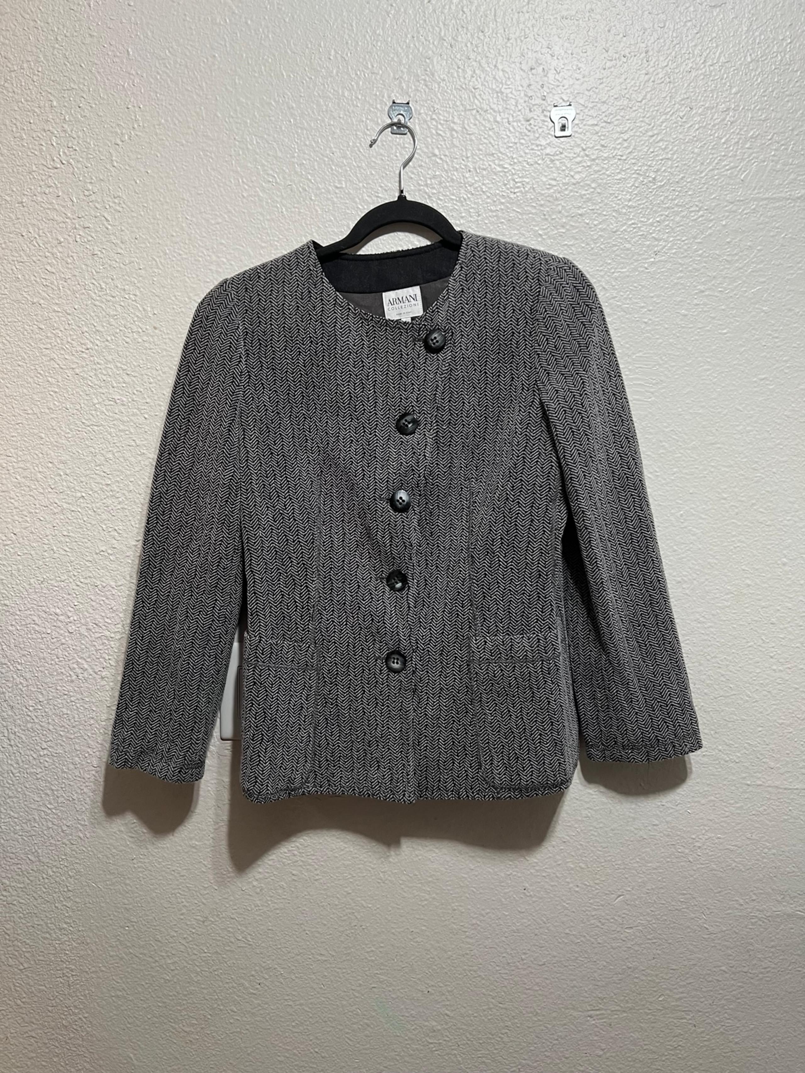 Armani Collezioni Jacket Blazer Wool Blend Knit Herringbone Collarless Grey 6