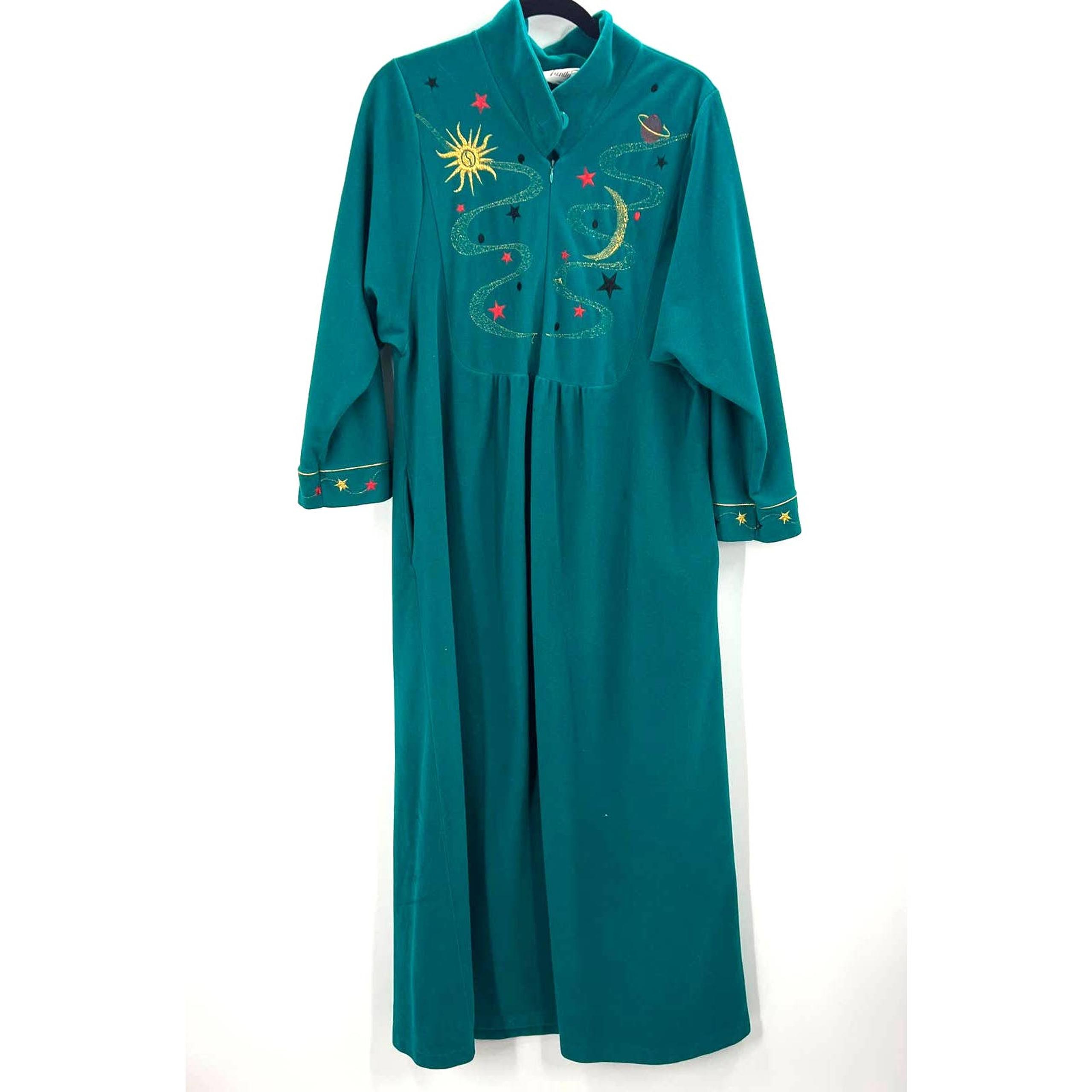 Vintage Vanity Fair Fleece Night Gown Embroidered Space Stars Sun Women Large