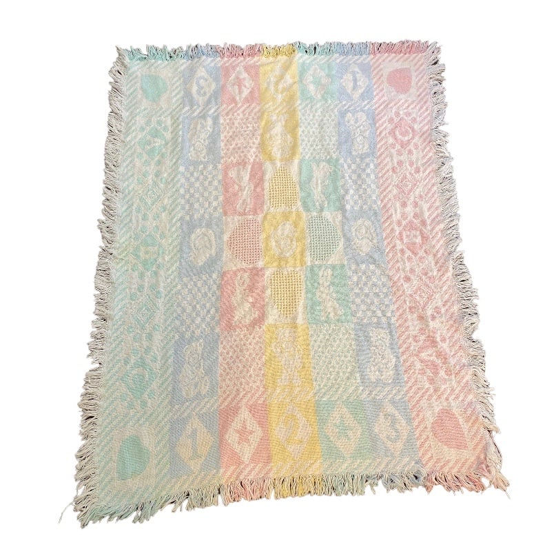 Vintage Pastel Woven Acrylic Baby Blanket w Fringe Bunny Bear Crib Lovie 47”x39”