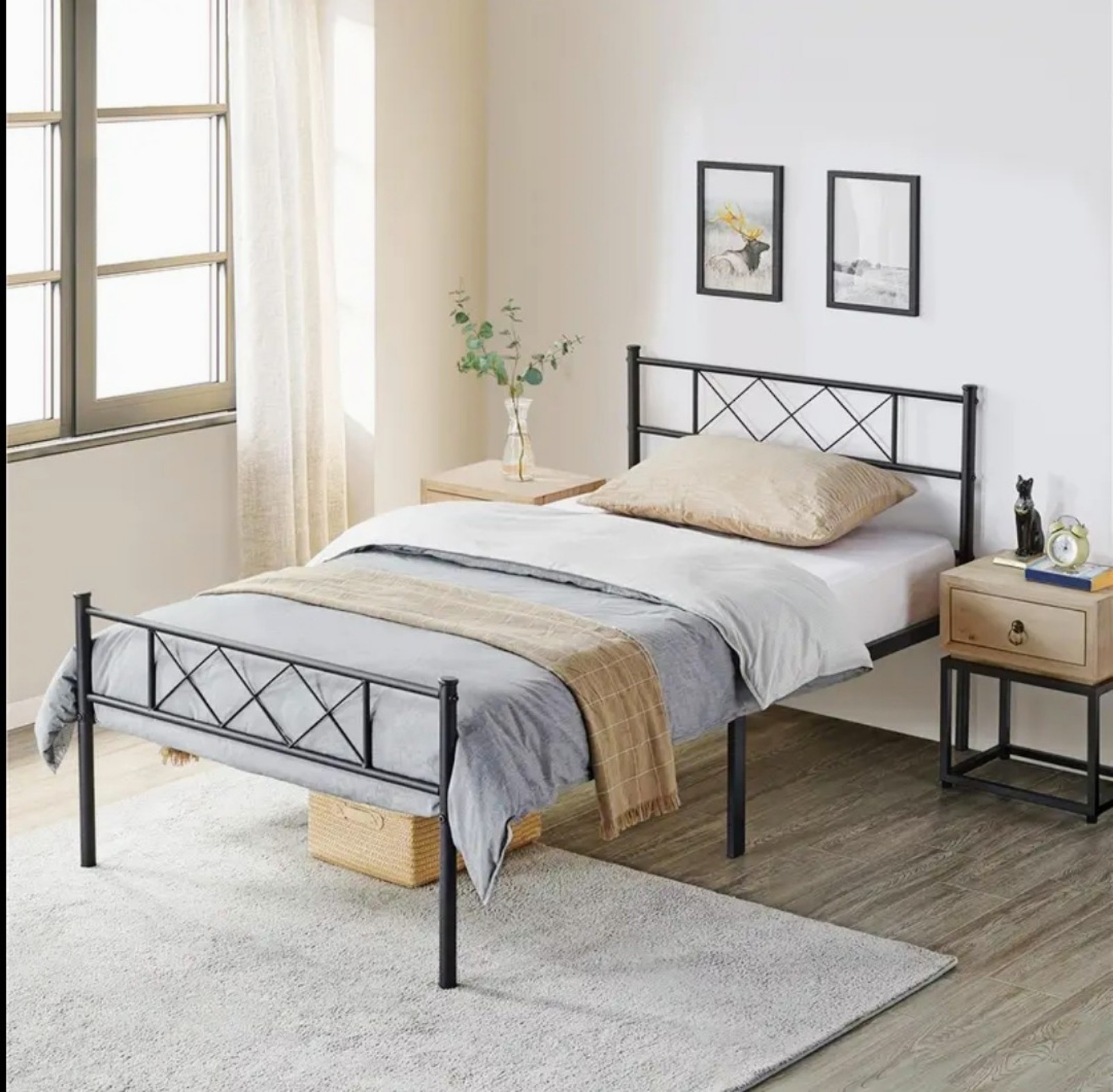 Twin Size Black Metal Platform Bed Frame with Headboard and Metal Bed Slats
