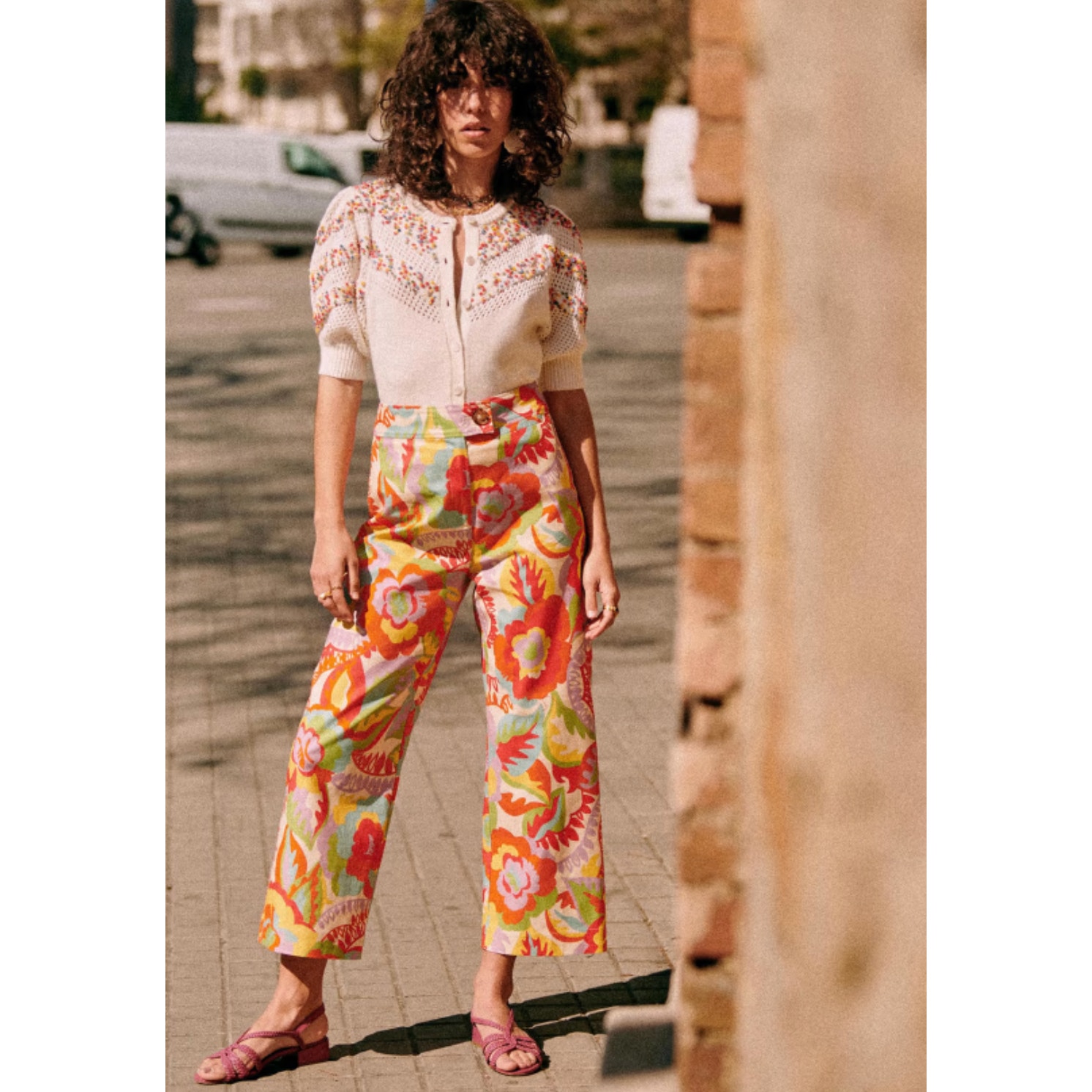 Sezane Jefferson 70s Ditsies Colorful Groovy Linen Pants Size 34/US 2