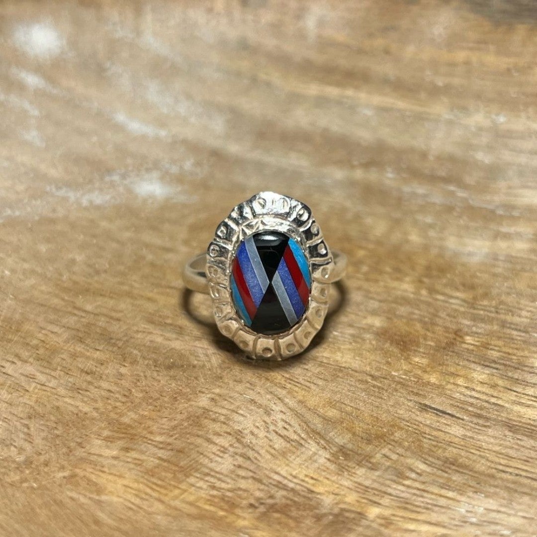 Southwestern Inlay Multi Stone 925 Sterling Silver Ring