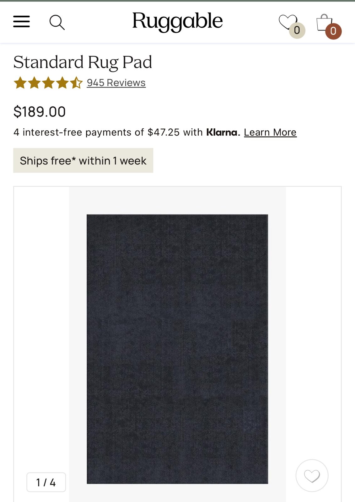 Ruggable Standard Black Rug Pad 6x9