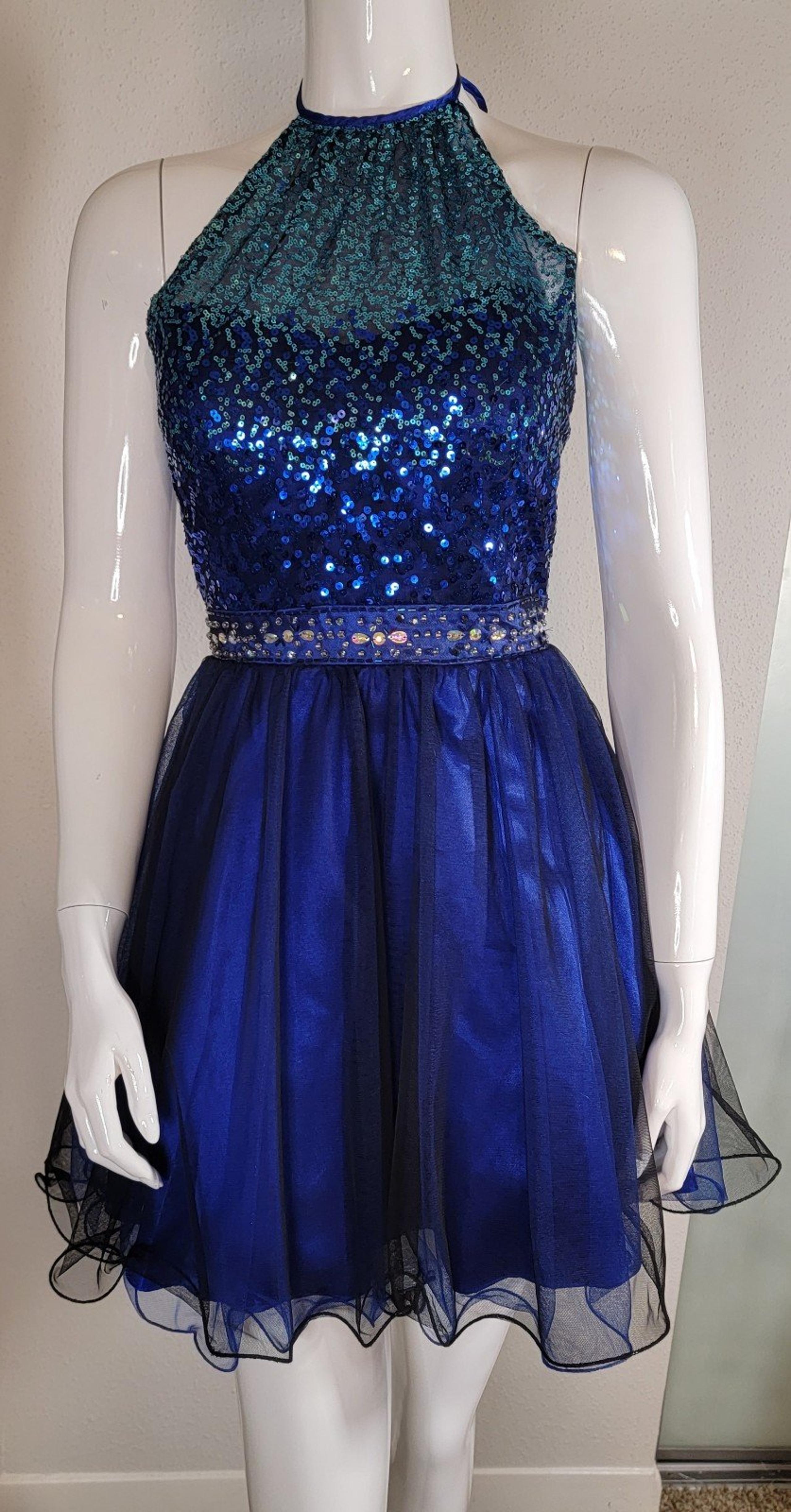 Blue Ombre Sequin Halter Dress w/ Beaded Waistband Prom Formal