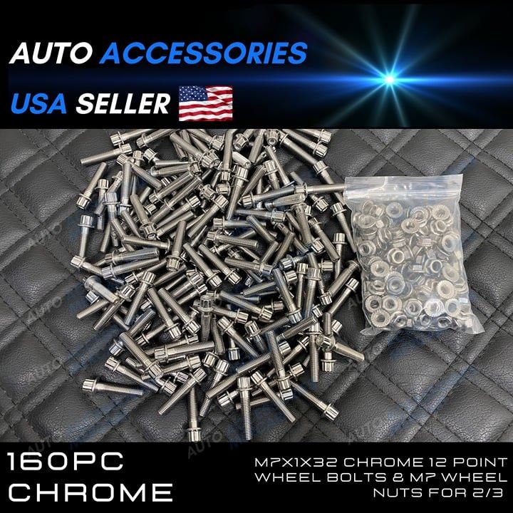160pcs M7x1x32 Chrome 12 Point Wheel Bolts & M7 Wheel Nuts for 2/3