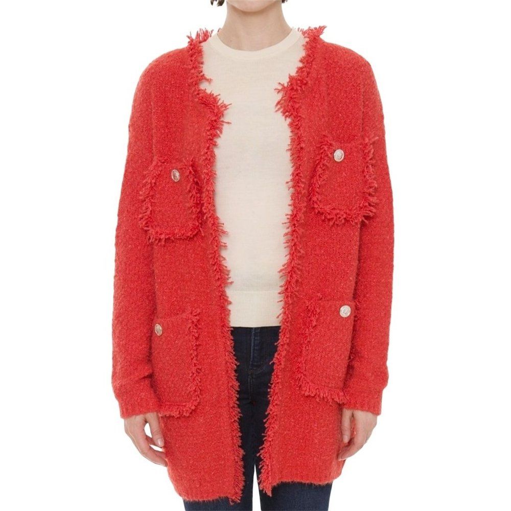 WOMENS CORAL COCO CHANEL STYLE CARDIGAN W/DECORATIVE FRINGE, POCKETS, & HOOK CLO