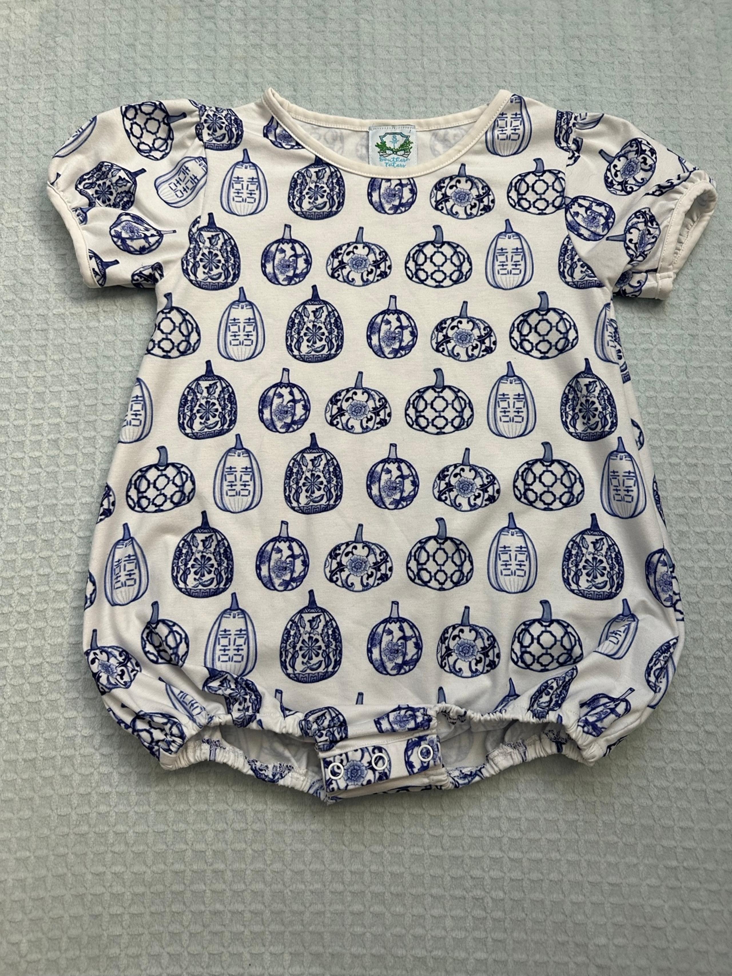 Southern Taters Blue and White Pumpkin Fall Bubble Romper 3T