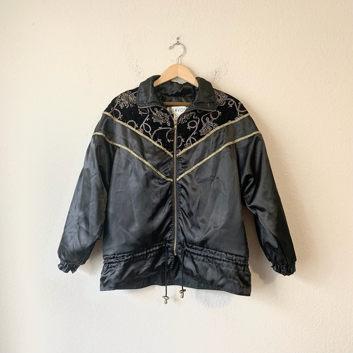 VTG 90s LAVON Windbreaker Jacket Velour Textured Gold Floral Belted
