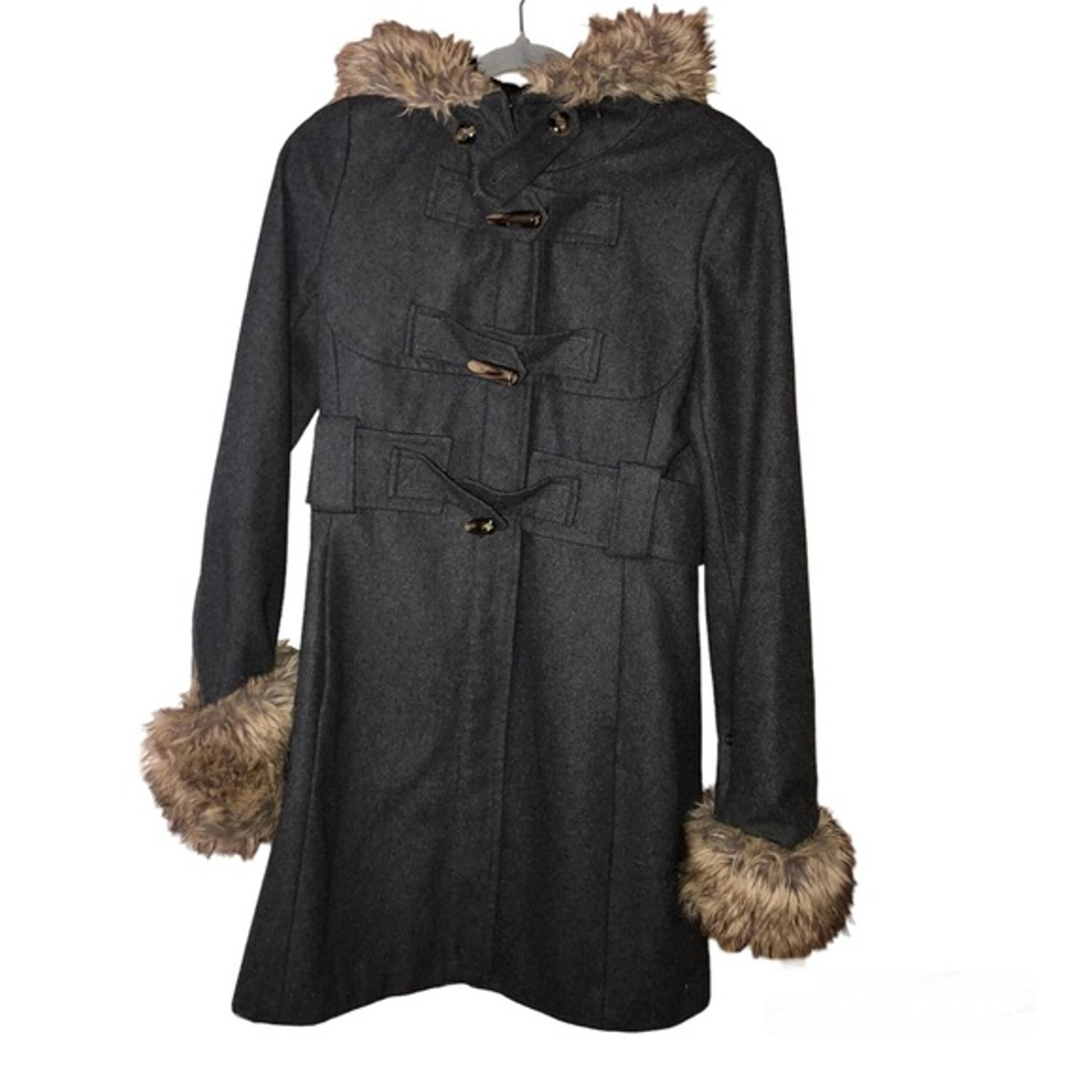 Elevenses Anthropologie Deep Woods Toggle Coat Wool Faux Fur Gray size 4