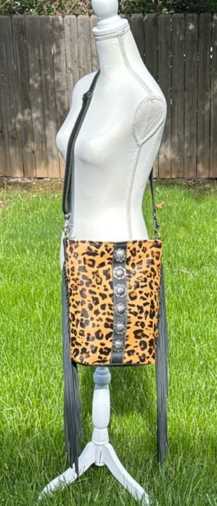 Myra Cool Pool leopard hair-on crossbody bag w fringe