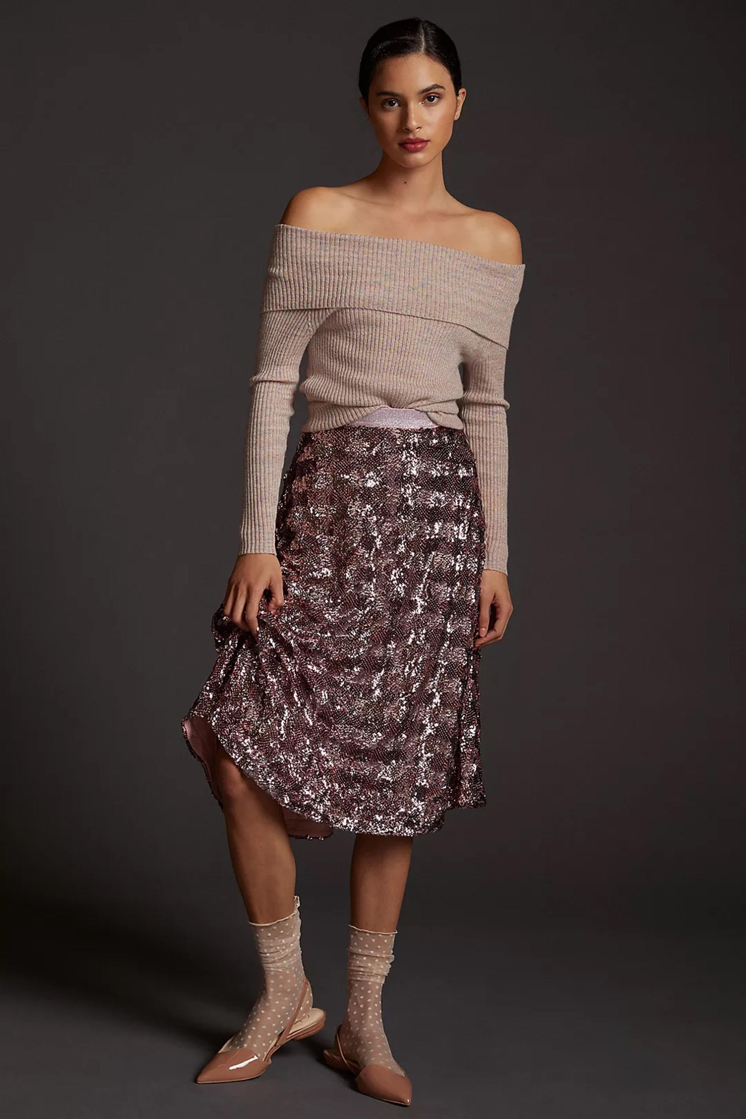 Anthropologie Sequined A Line Midi Skirt